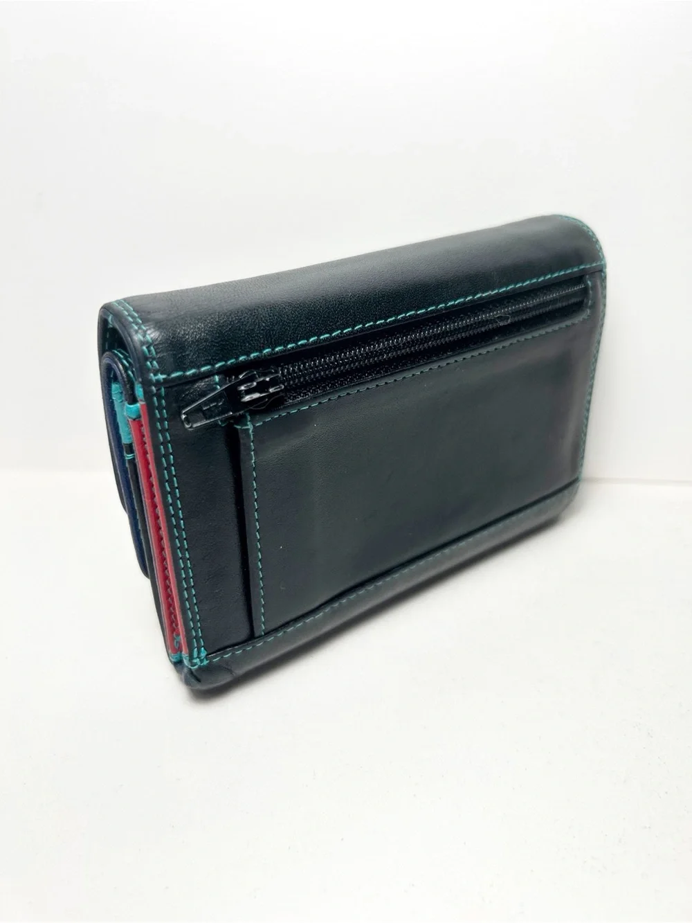 MyWalit Double Flap Ladies Trifold Leather Wallet -Black Multi, with Pen EUC